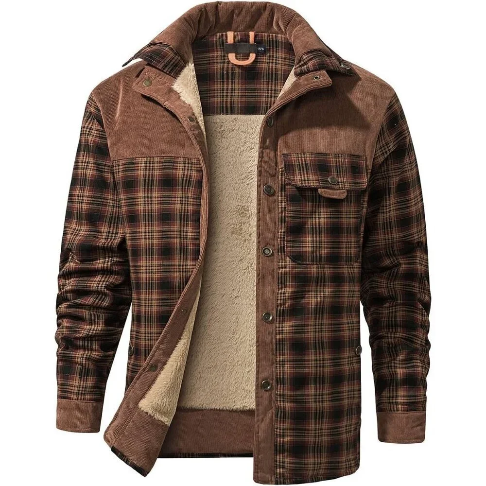 Men's Red Coffee Long Sleeve Sherpa Lined Flannel Shirt Jacket Fleeces